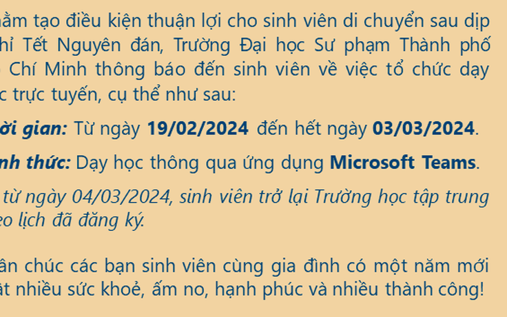 Trường đại học cho sinh viên học trực tuyến 2 tuần sau kỳ nghỉ tết