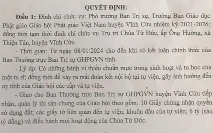 Đồng Nai: Trụ trì chùa Từ Đức bị đình chỉ vì có hành vi thiếu chuẩn mực