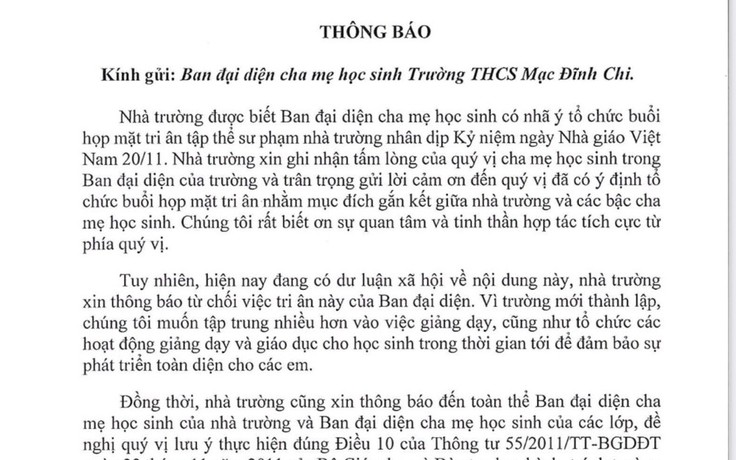 Ban đại diện CMHS vận động kinh phí tổ chức 20.11, hiệu trưởng ra thông báo khẩn