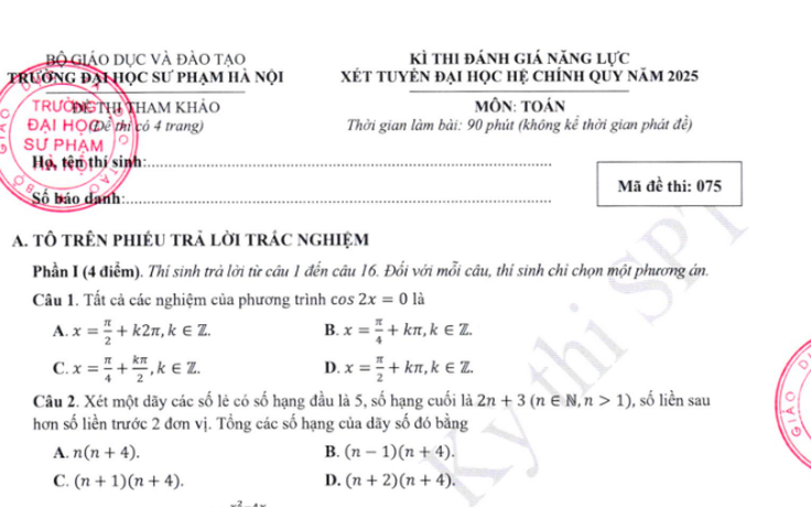 Trường ĐH Sư phạm Hà Nội công bố đề thi tham khảo SPT 2025