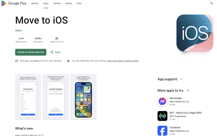 Ứng dụng Move to iOS vào top tải nhiều nhất Google Play