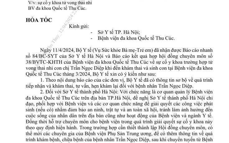 Sự cố y khoa tại Bệnh viện Thu Cúc: Đề nghị hỗ trợ bệnh viện chuyên môn