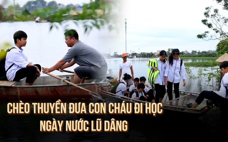 Người Hà Nội chèo thuyền đưa con cháu đi học ngày lũ sông Bùi dâng cao