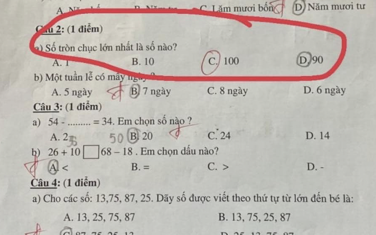 Số tròn chục lớn nhất là số nào trong các số 1, 10, 100 và 90?