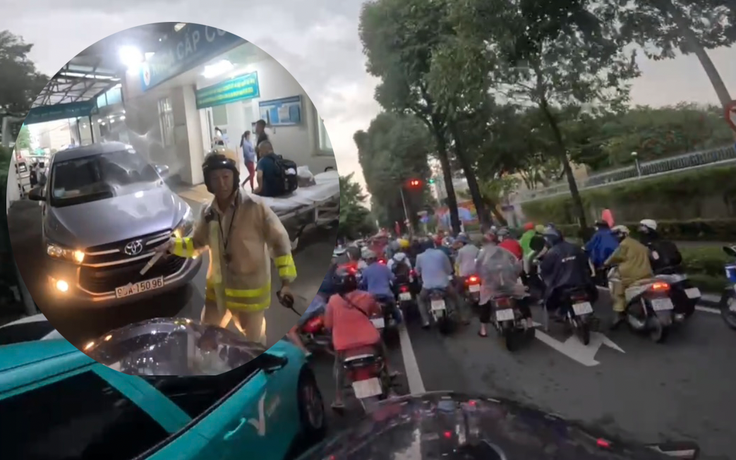 CSGT TP.HCM hụ còi rẽ dòng kẹt xe chiều mưa đưa người đột quỵ đi cấp cứu