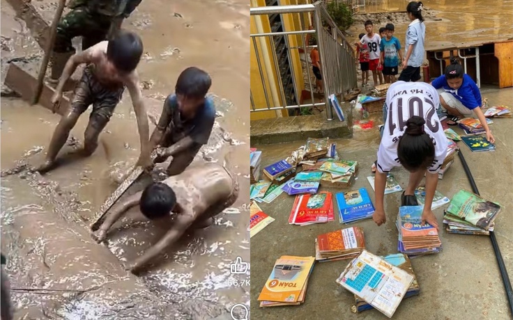 Xúc động cảnh học trò dọn bùn non, nhặt sách vở sau lũ