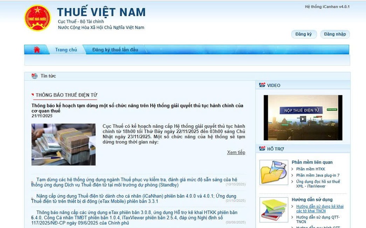 Tạm dừng ứng dụng quản lý thuế tập trung từ 22 - 23.11