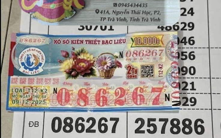 Người trúng độc đắc xổ số miền Nam ngày 9 tháng 12 đài Bạc Liêu xuất hiện