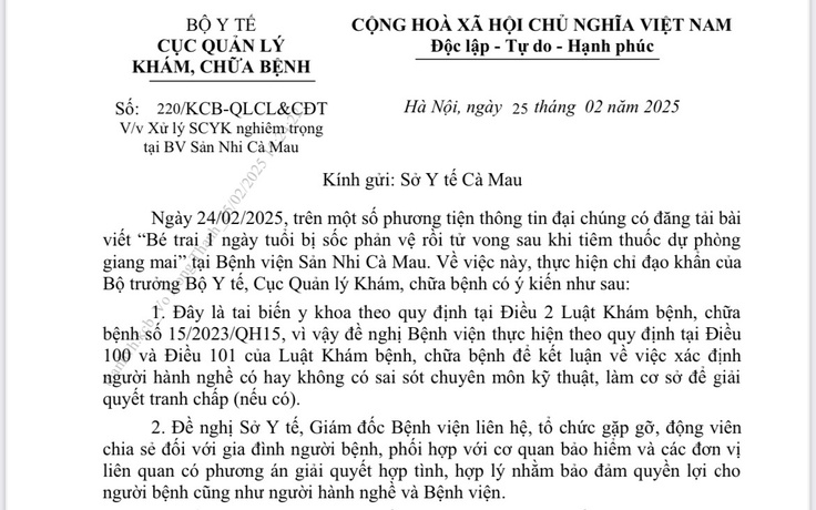 Vụ bé trai tử vong sau tiêm dự phòng ở Cà Mau: Bộ Y tế chỉ đạo khẩn