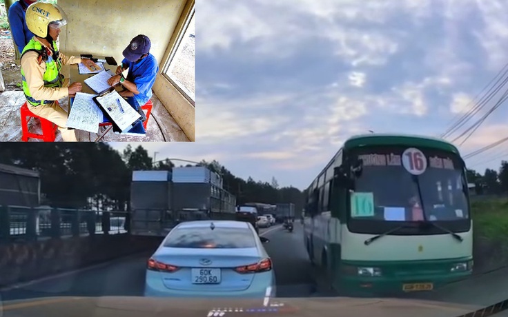 Lập biên bản xử lý tài xế xe buýt chạy ngược chiều trên quốc lộ 1