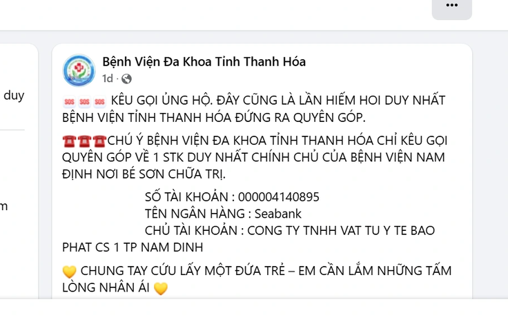 Giả mạo fanpage của bệnh viện để lừa kêu gọi từ thiện