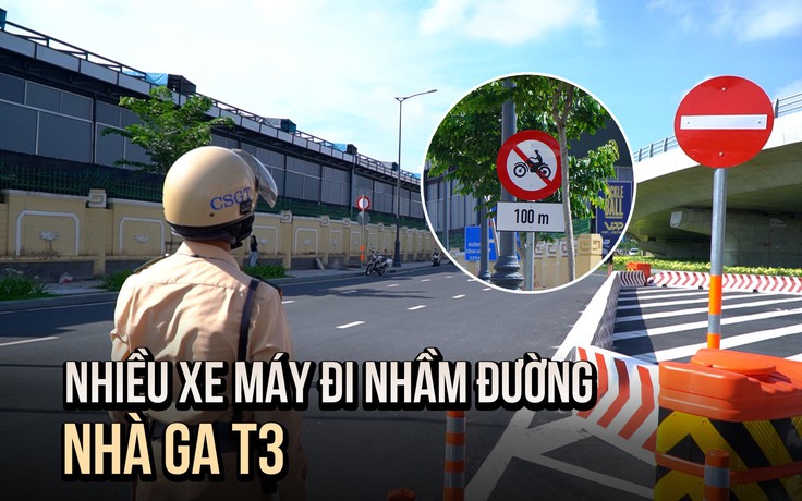 Nhiều xe máy bị CSGT nhắc nhở vì đi nhầm đường cấm vào Nhà ga T3