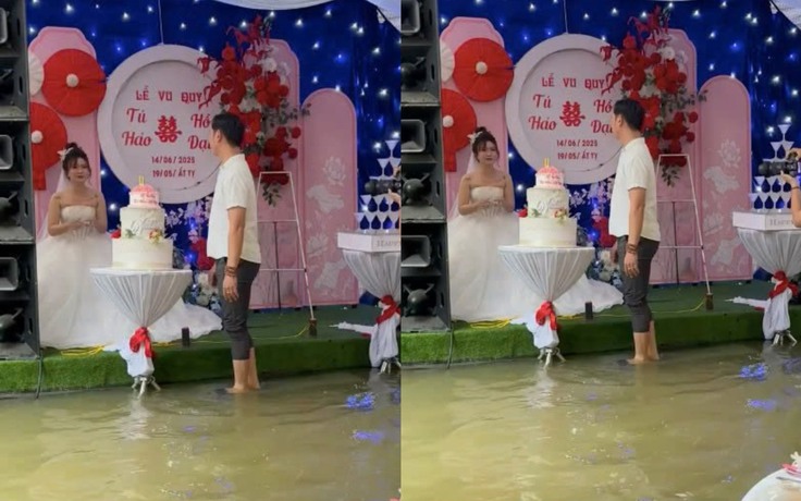 Cô dâu ở Huế khóc nhìn rạp cưới ngập nước, khách mời xắn quần dự tiệc