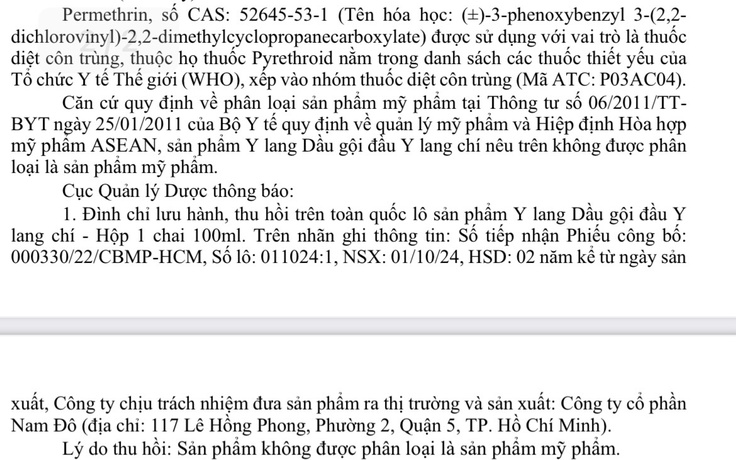 Thu hồi toàn quốc, tiêu hủy lô dầu gội có chứa thuốc diệt côn trùng