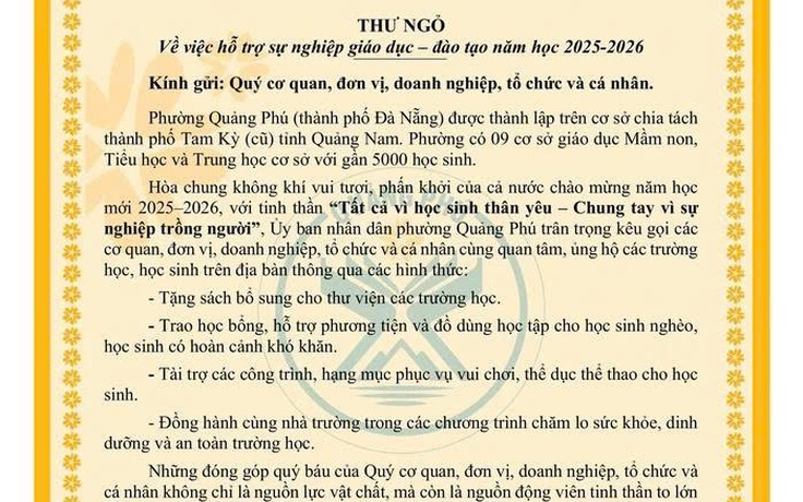 Phường ở Đà Nẵng kêu gọi ủng hộ học sinh nghèo thay vì nhận hoa khai giảng