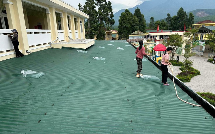 Giáo viên mầm non ở Huế trèo lên mái tôn, chằng chống trước bão số 5