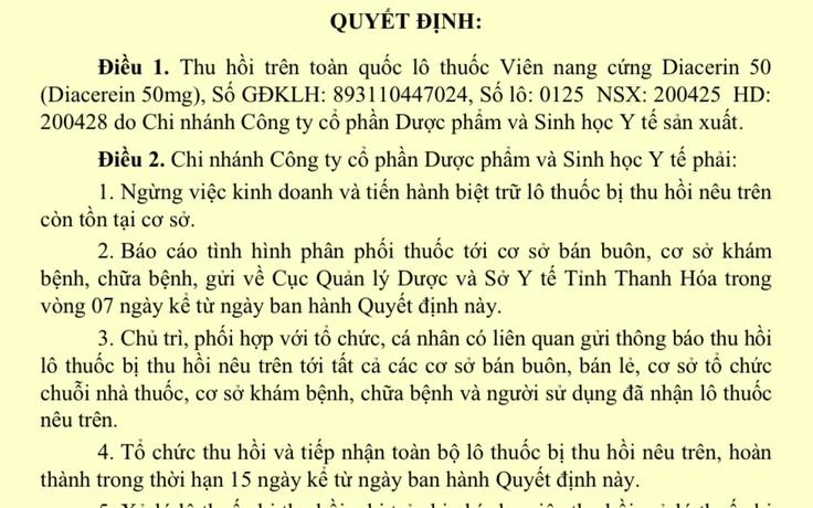 Thu hồi toàn quốc lô thuốc viên nang cứng Diacerin 50 do vi phạm chất lượng