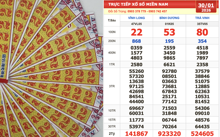 Truy tìm dãy số 222222 trúng xổ số miền Nam ngày 30 tháng 1 đài Vĩnh Long