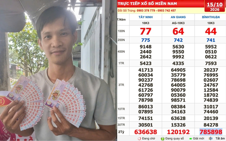 Xổ số miền Nam ngày 15 tháng 10: 10 người trúng 1,2 tỉ đài Bình Thuận