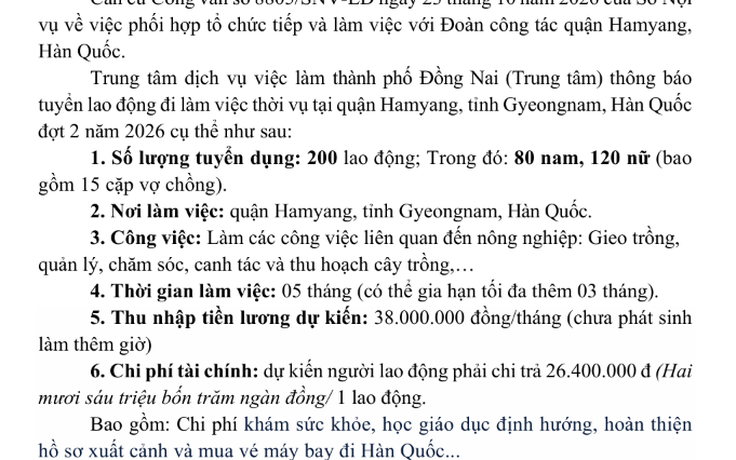 Tuyển 200 lao động phổ thông đi Hàn Quốc làm nông nghiệp, lương 38 triệu đồng/tháng