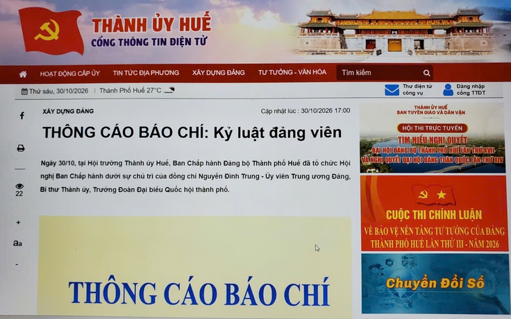 Một cán bộ Thường vụ Tỉnh ủy về hưu ở Huế bị kỷ luật cảnh cáo