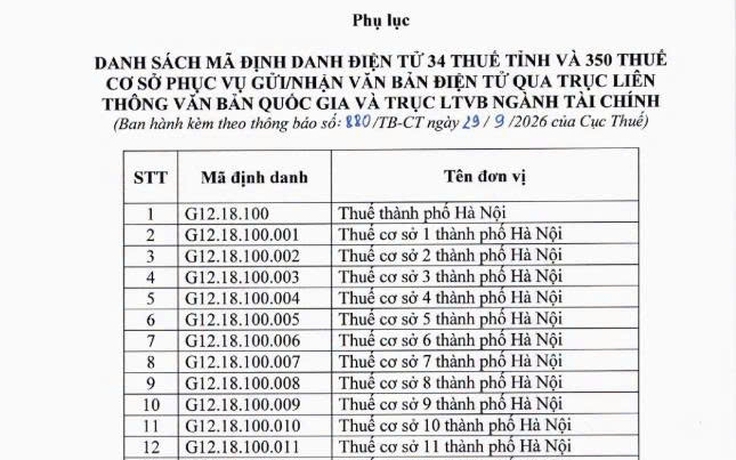Mã định danh điện tử mới của 34 thuế tỉnh, thành phố và 350 thuế cơ sở