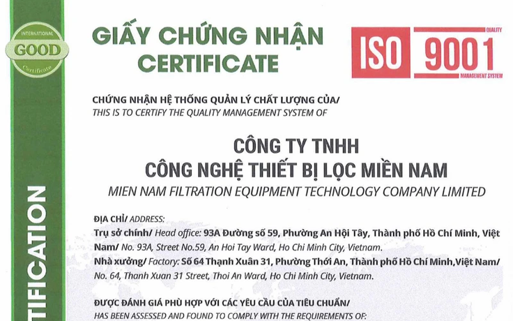 Công ty Công nghệ Thiết bị lọc Miền Nam chính thức đạt chứng nhận ISO 9001:2015