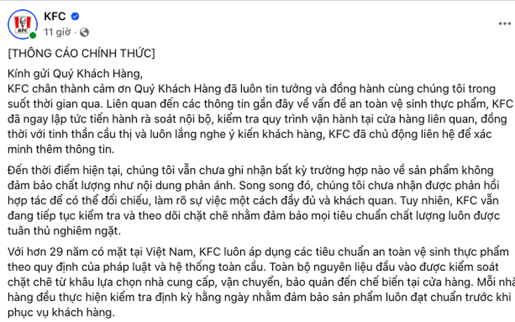 Bị tố bán gà mốc, KFC lên tiếng sau phản ánh lan truyền trên mạng xã hội