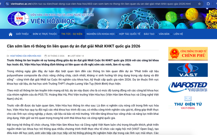 Viện Hóa học bác bỏ cáo buộc liên quan dự án giải nhất khoa học kỹ thuật quốc gia