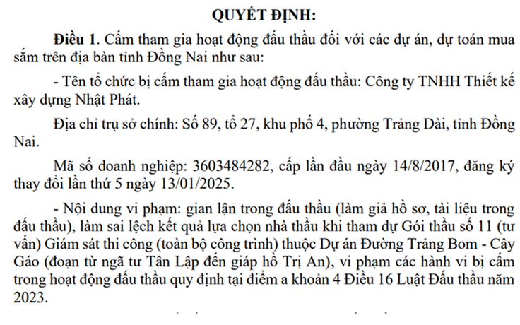 Đồng Nai: Cấm đấu thầu 4 năm với Công ty Nhật Phát do gian lận