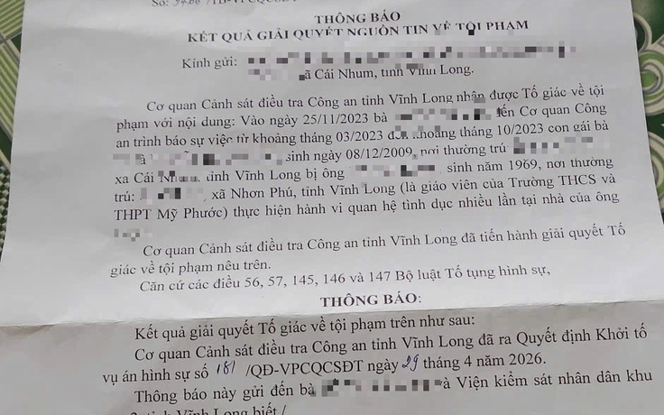 Khởi tố vụ án giao cấu có liên quan thầy giáo dạy toán ở Vĩnh Long