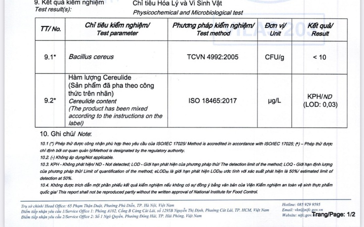Kết quả kiểm nghiệm sữa nhãn hiệu a2 tại Việt Nam sau khi có thông báo thu hồi