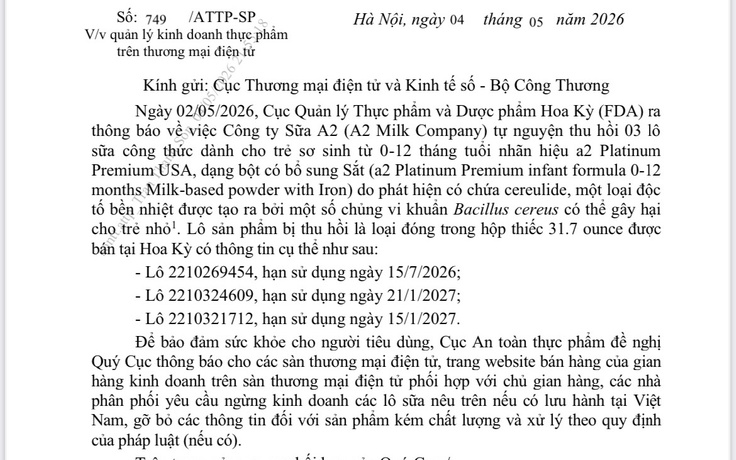 Thu hồi 3 lô sữa cho trẻ nhỏ Platinum premium chứa độc tố