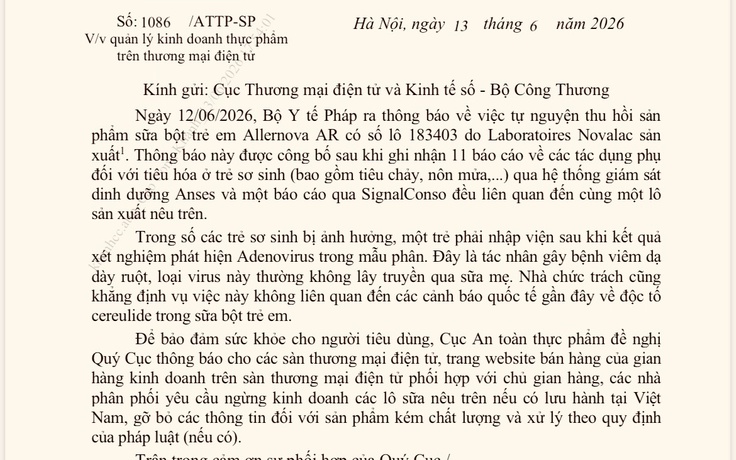 Rà soát việc kinh doanh lô sữa Allernova AR có thông báo thu hồi