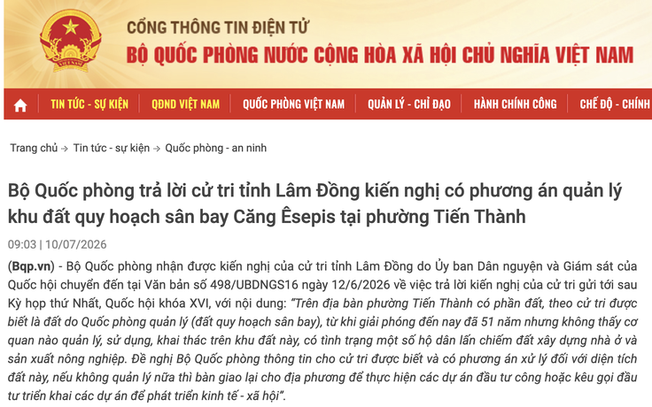 Cử tri phản ánh đất quy hoạch sân bay bỏ hoang 51 năm, Bộ Quốc phòng nói gì?