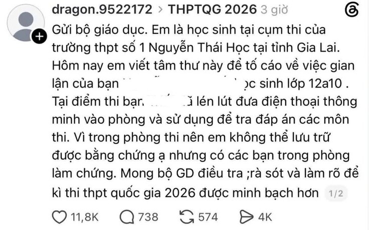 Gia Lai xác minh vụ thí sinh bị tố gian lận thi tốt nghiệp THPT 2026