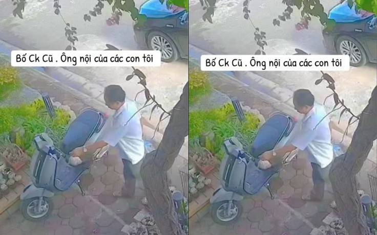 Phía sau clip người đàn ông lớn tuổi lặng lẽ treo túi đồ ăn ở xe