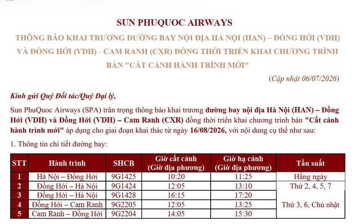 Mở đường bay Đồng Hới - Cam Ranh vào giữa tháng 8 năm nay