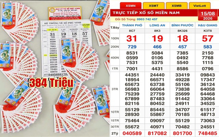 Xổ số miền Nam ngày 15 tháng 8: Có người trúng cọc vé đài Hậu Giang