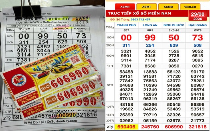 Xổ số miền Nam ngày 29 tháng 8: Một người trúng độc đắc dãy 606990 đài Bình Phước