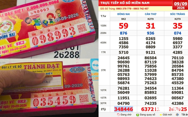 Xổ số miền Nam ngày 9 tháng 9: Chi 3,2 triệu mua vé, trúng đài Đồng Nai
