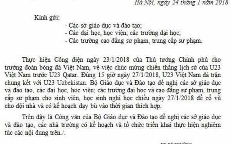 Bộ GD&ĐT cảnh báo về việc giả mạo công văn cho học sinh nghỉ học để xem U23 VN đá chung kết