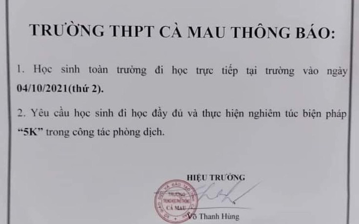 Cà Mau dừng tổ chức dạy học trực tiếp đối với 4 trường thí điểm