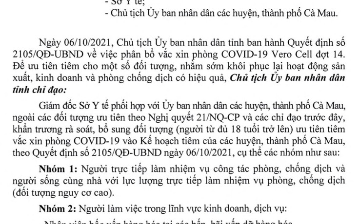 Cà Mau: Bổ sung đối tượng được ưu tiên tiêm vắc xin phòng Covid-19