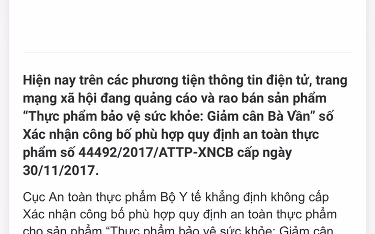 Thực phẩm bảo vệ sức khỏe giảm cân Bà Vần có hành vi gian lận