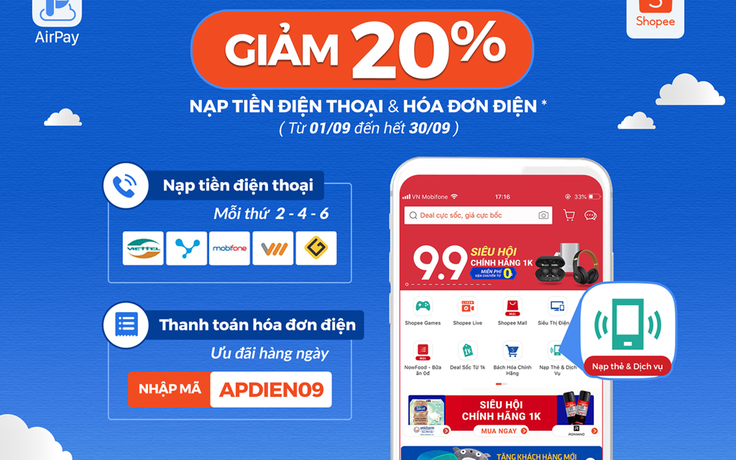 Tiết kiệm 20% khi nạp tiền và thanh toán hóa đơn trên Shopee với AirPay