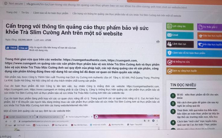 Cẩn trọng với thông tin quảng cáo Trà Slim Cường Anh trên một số website