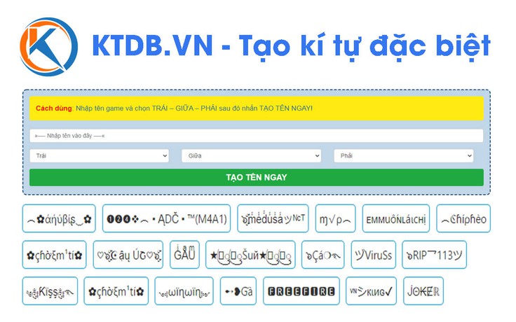 KTDB.VN - Ứng dụng tạo ký tự đặc biệt đặt tên game hay