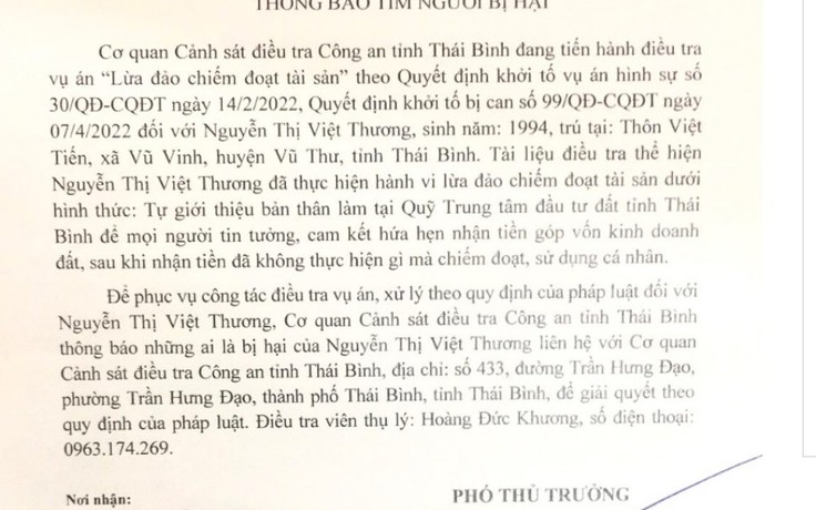 Mạo danh nhân viên Quỹ Trung tâm đầu tư đất tỉnh Thái Bình để lừa đảo