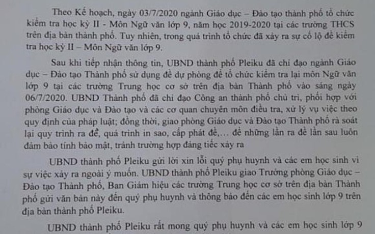 Chủ tịch UBND TP. Pleiku xin lỗi phụ huynh, học sinh vụ lộ đề thi